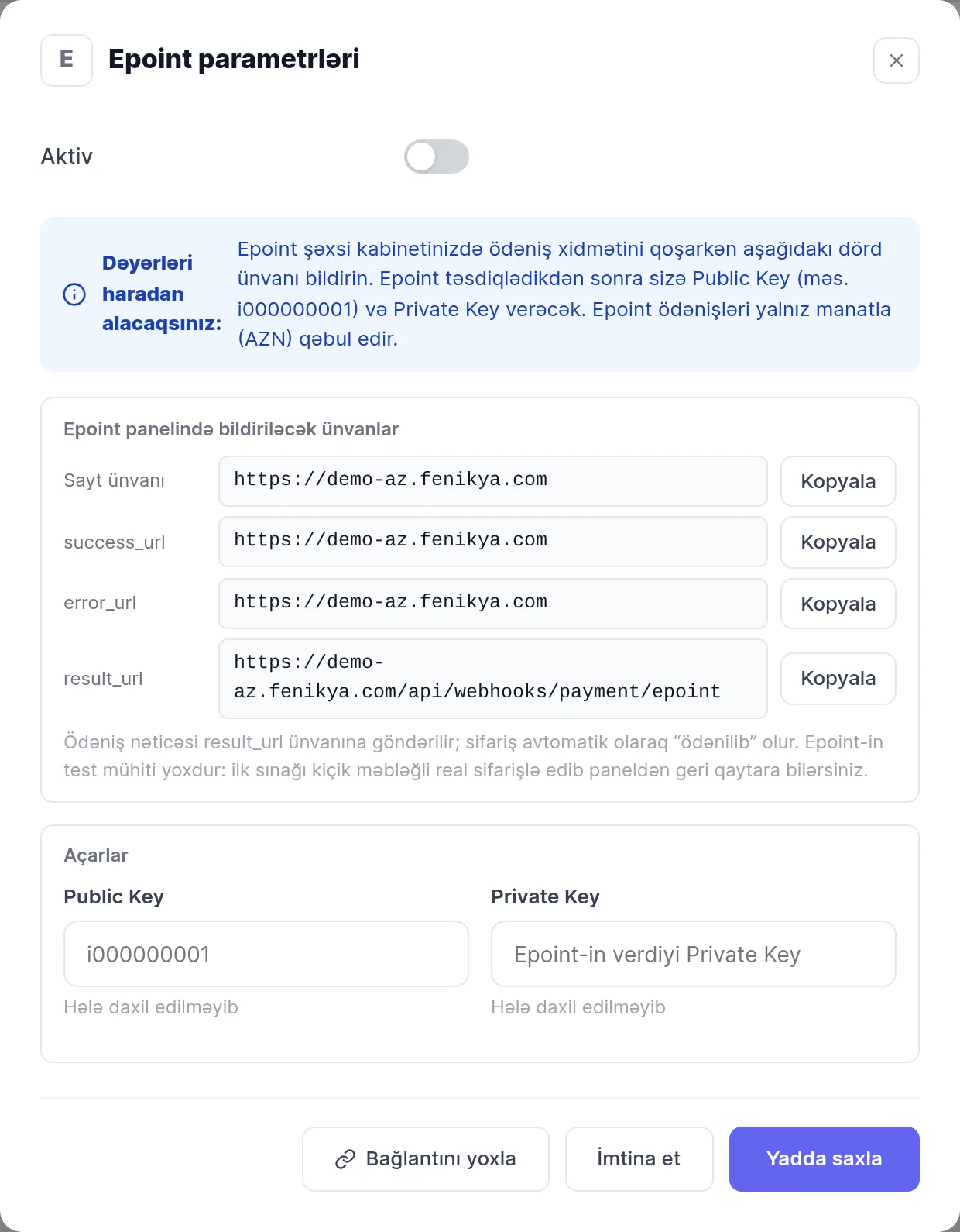 Yönetim panelinde Epoint ödeme ayarları
