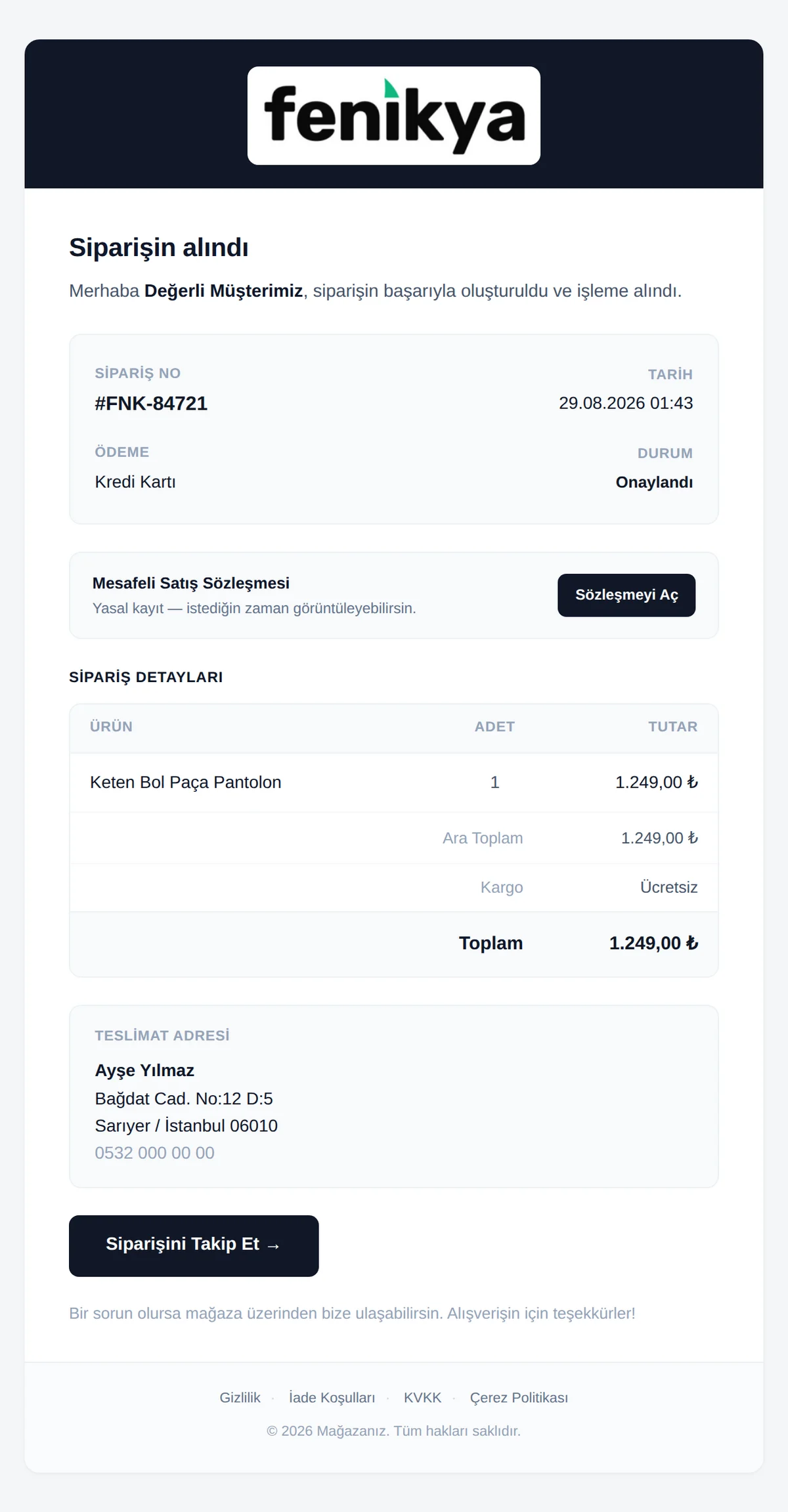 Fenikya order confirmation email template
