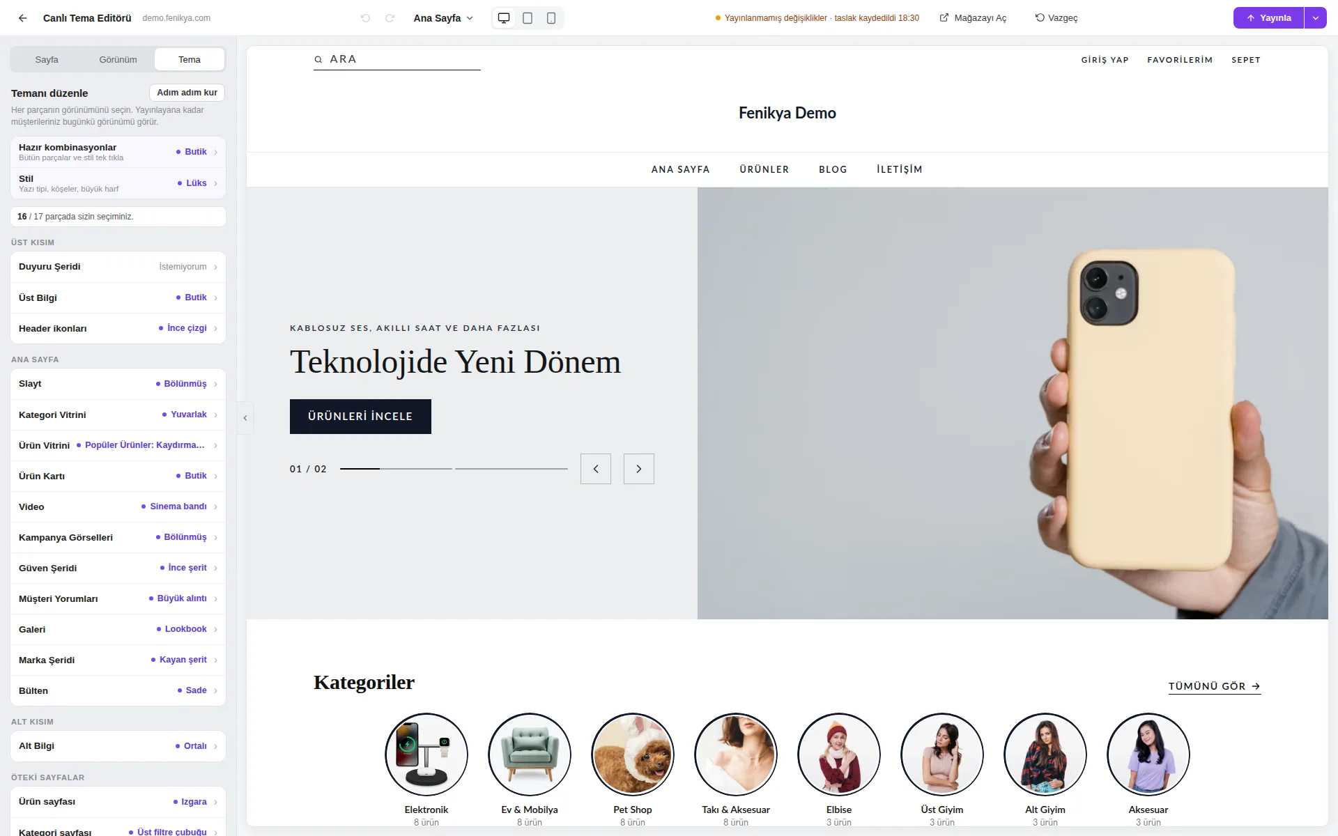 Fenikya tema editörü — kendi temanı kur