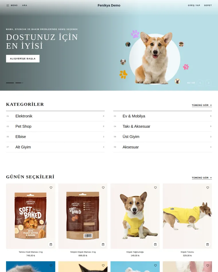 Minimal kombinasyonuyla mağaza ana sayfası