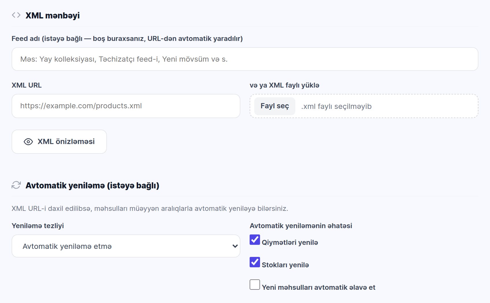 XML ilə toplu məhsul idxalı ekranı