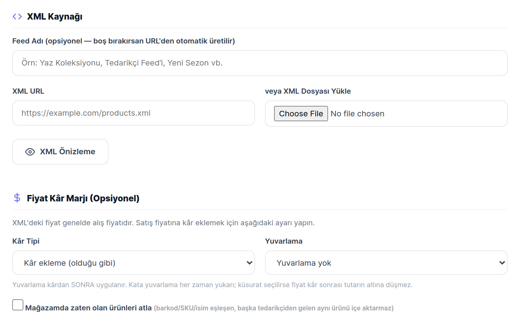 XML ile toplu ürün içe aktarma ekranı