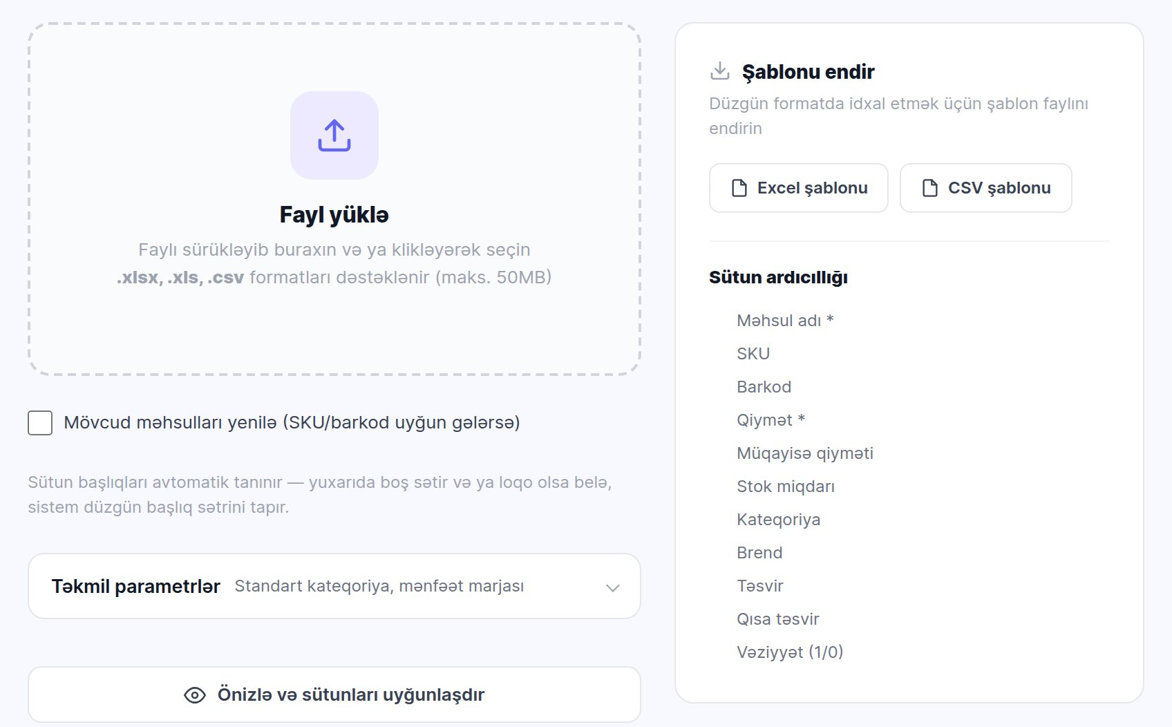 Excel / CSV ilə toplu məhsul idxalı ekranı