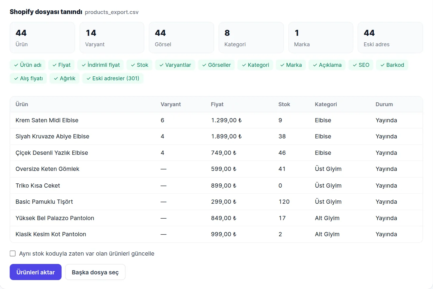 Fenikya panelinde Shopify dosyasının taşıma önizlemesi