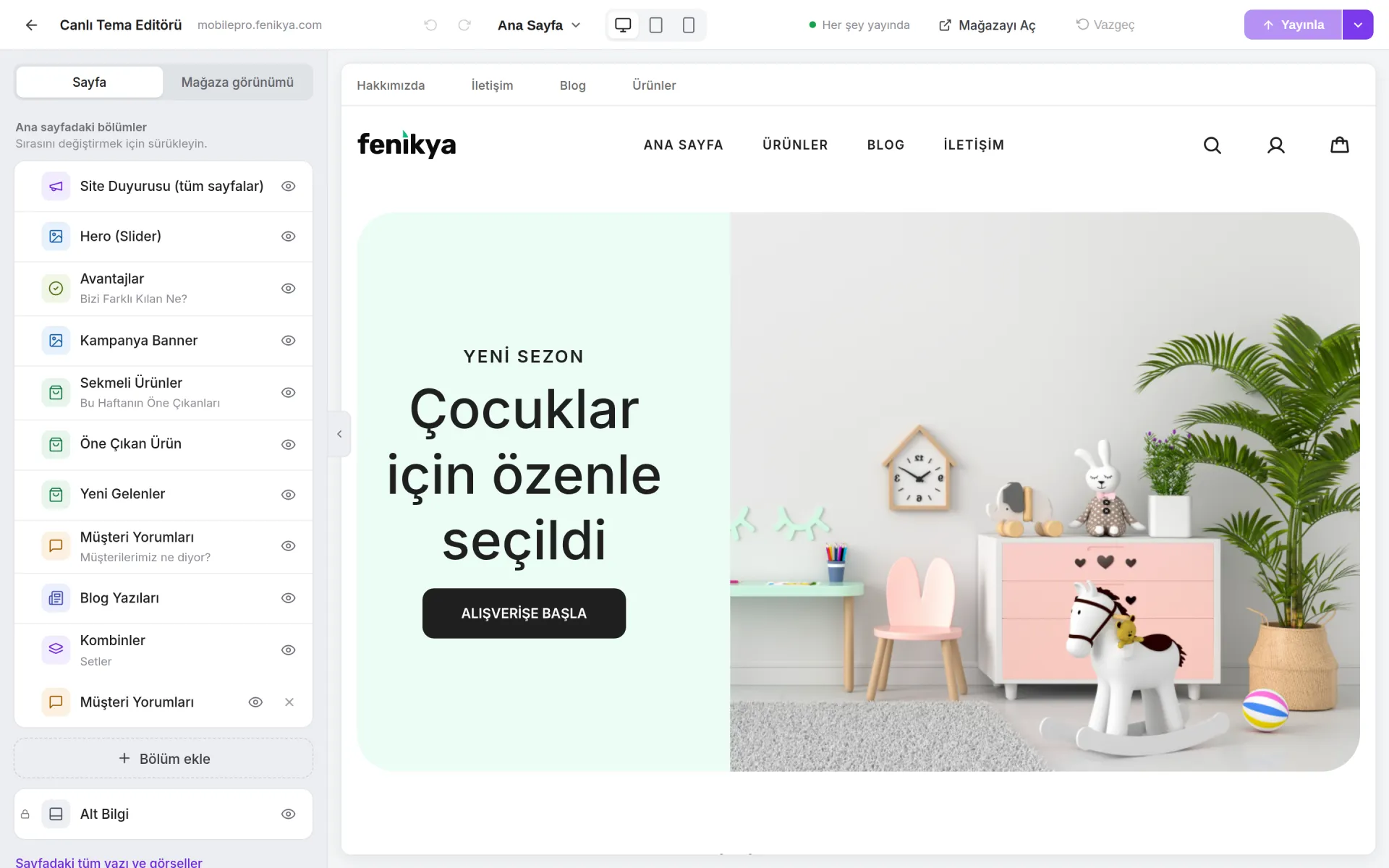 Fenikya Canlı Tema Editörü — Gerçek zamanlı mağaza tasarımı